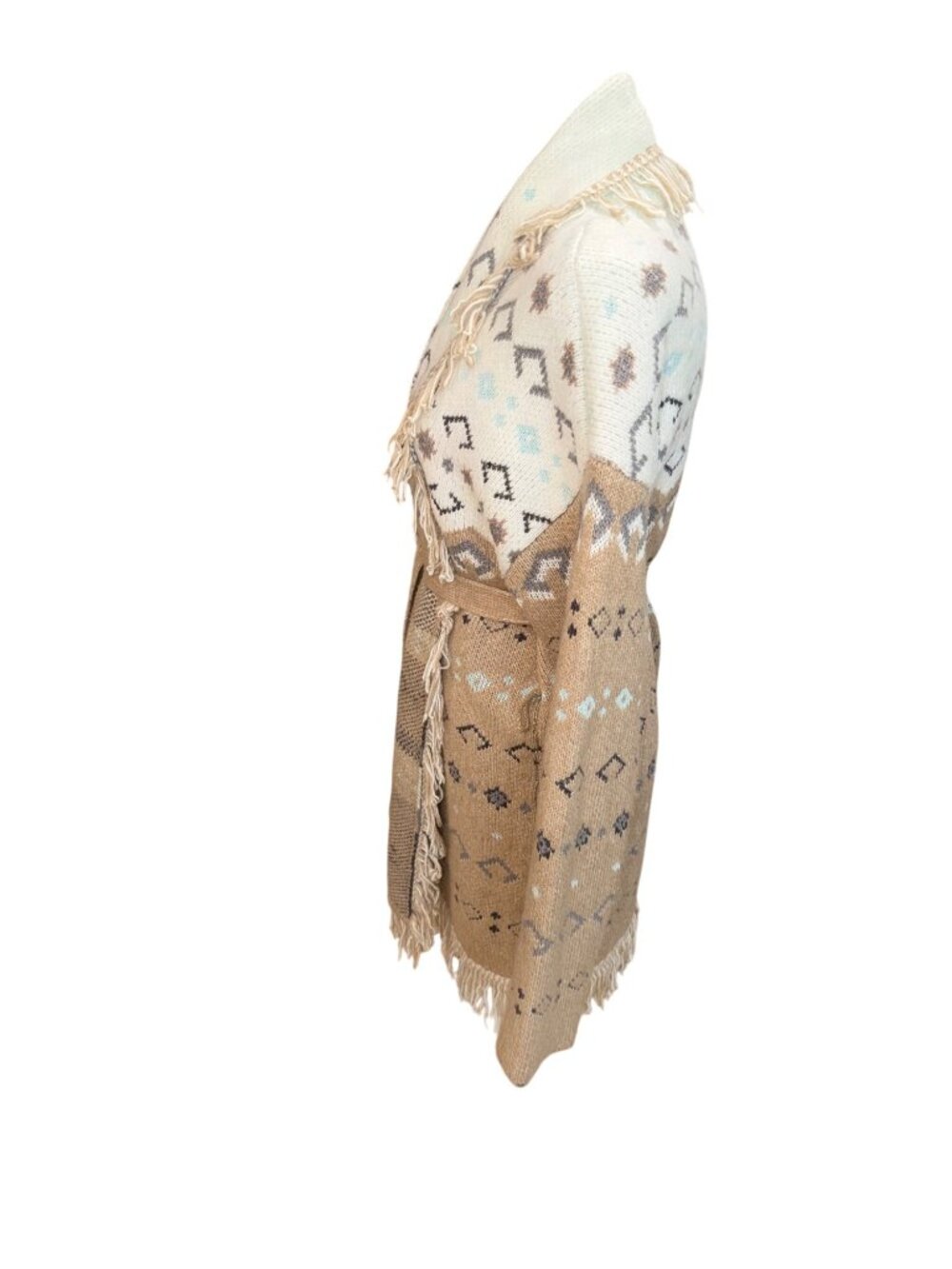 Lucky Brand Womens M Fringe Open Cardigan Sweater Southwestern Beige Aztec Belt - Picture 5 of 12